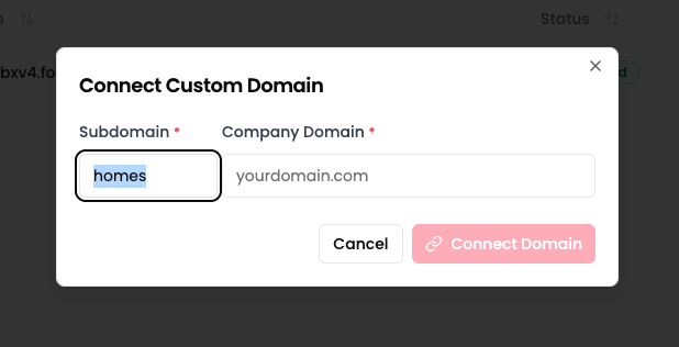 Connect Custom Domain modal showing Subdomain and Company Domain fields
