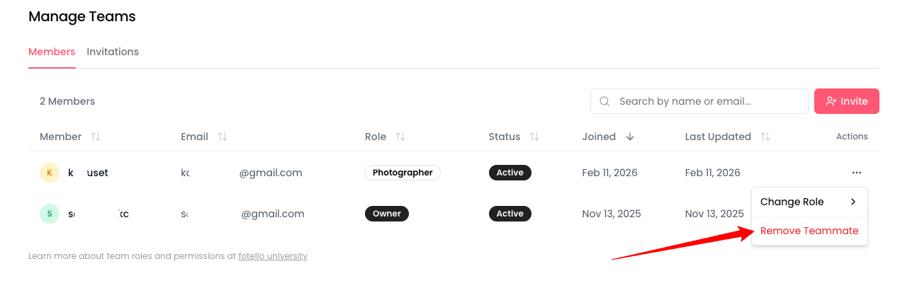 Actions menu on the Members tab showing Change Role and Remove Teammate