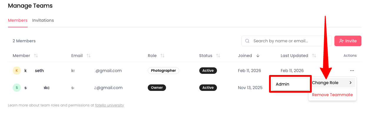 Actions menu on the Members tab showing Change Role and Remove Teammate