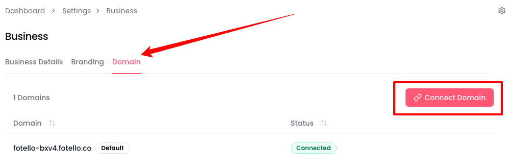 Business settings showing the Domain tab and Connect Domain button